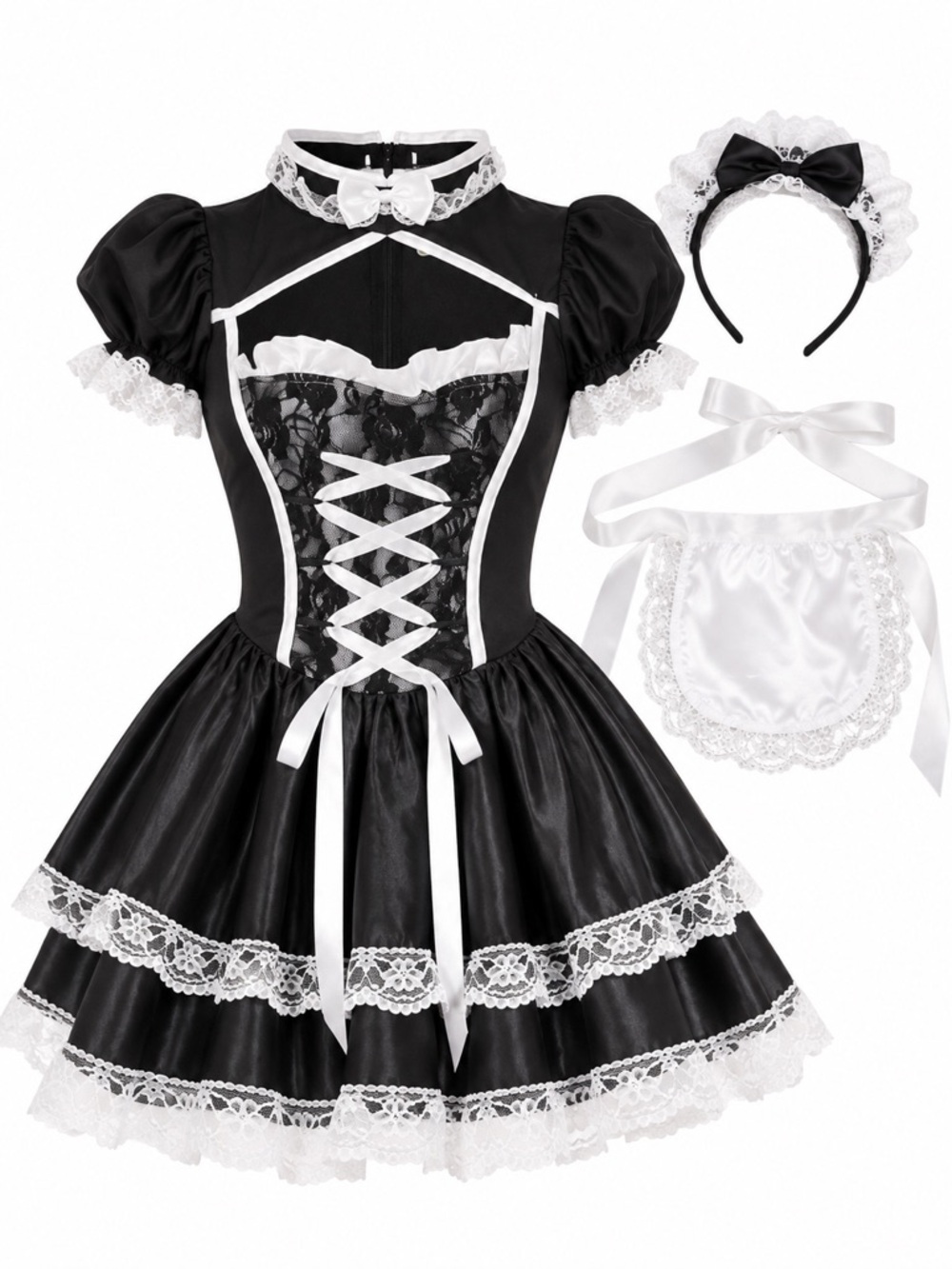 New - French Maid Black & White Lace Dress Costume Set | Size Small